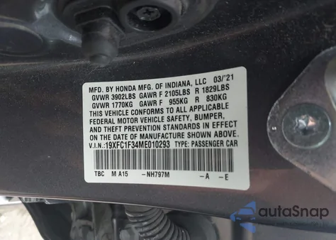 2021 Honda Civic Ex из США, поврежденный, VIN 19XFC1F34ME010293